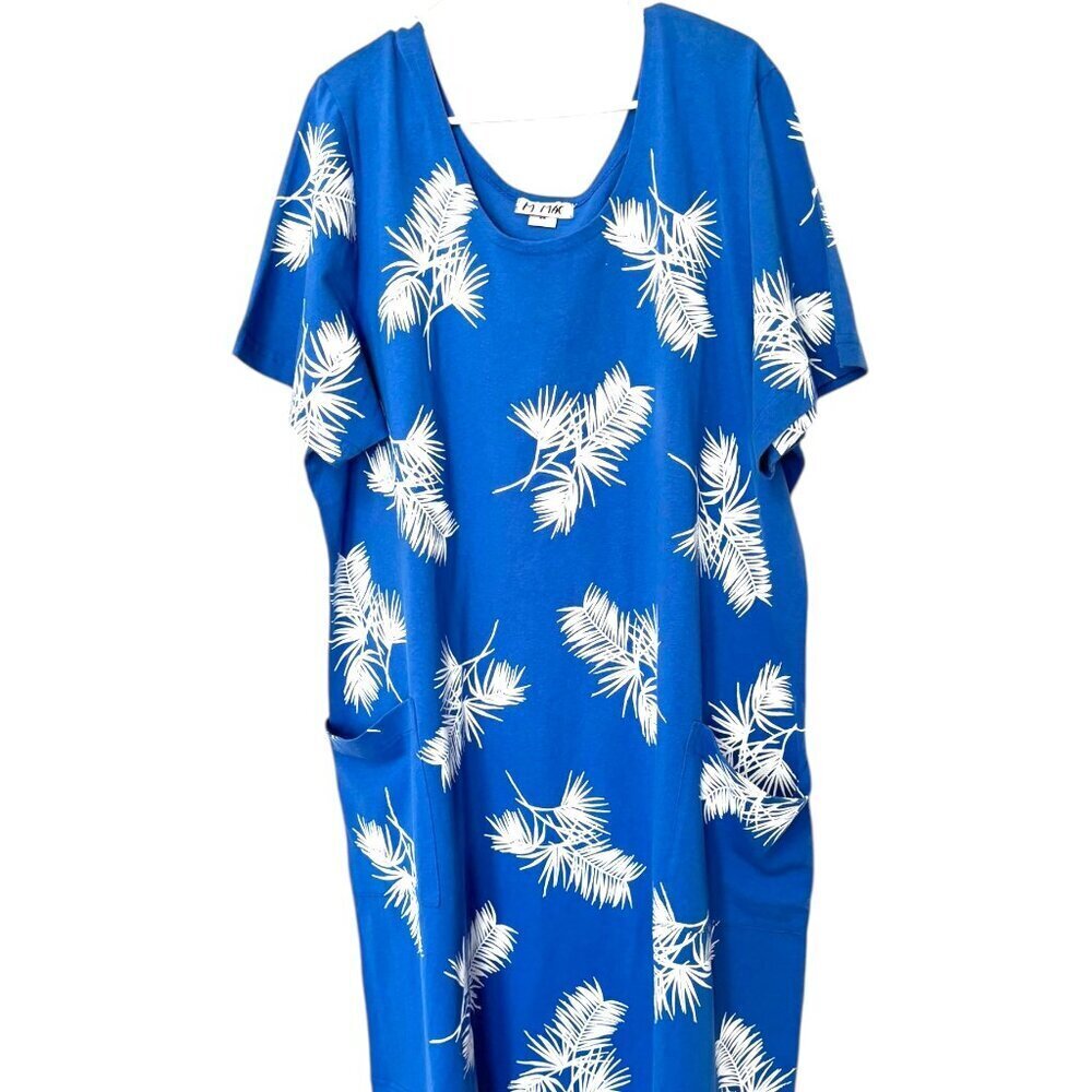 M. MAC Blue Palm Leaf Midi Dress Womens 2X Short Sleeve Cotton USA NWOT